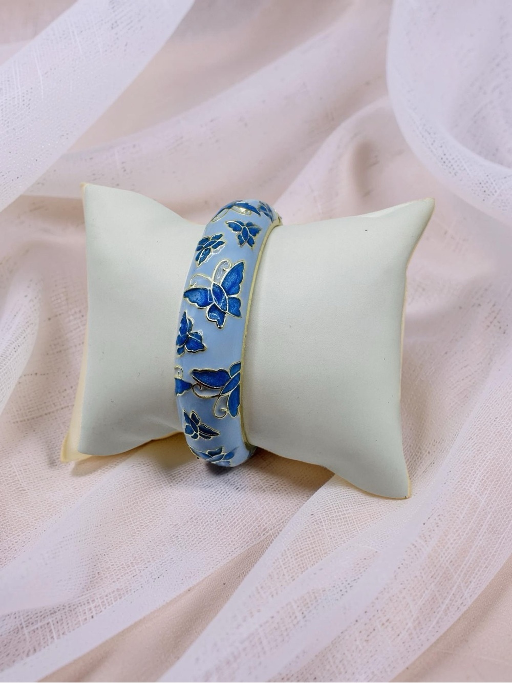Blue on Blue Butterfly Enamel Hinged Thick Bangle Bracelet Gold Tone